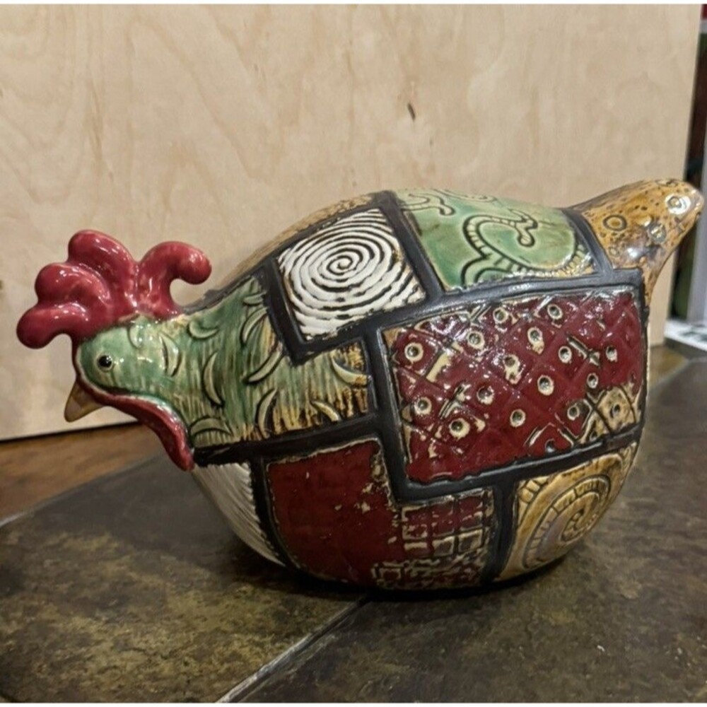 Ceramic Patchwork Pattern Chicken Statue Figurine Decor